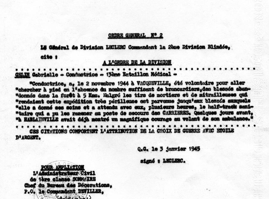 Texte dactylographié de l'ordre général n° 2 signé Leclerc, citant Gabrielle Gelin.